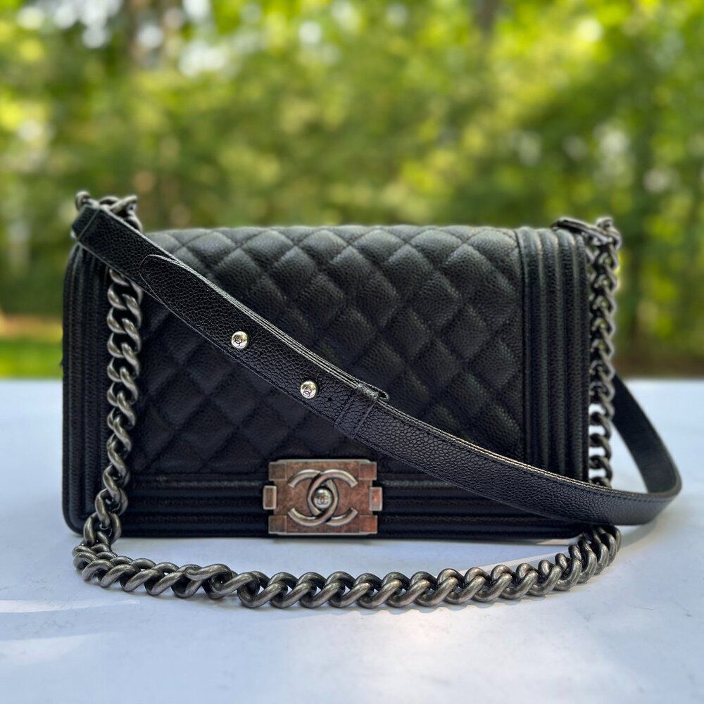 Chanel Caviar Leather Boy Medium in Black Crossbody Shoulder Handbag